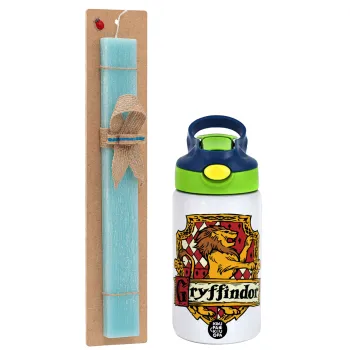 Gryffindor, Harry potter, Easter Set, Children's thermal stainless steel bottle with safety straw, green/blue (350ml) & aromatic flat Easter candle (30cm) (TURQUOISE)