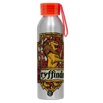 Gryffindor, Harry potter, Αλουμινένιο Αθλητικό Μπουκάλι 650ml – Ασημί με Κόκκινο Καπάκι και Λουράκι Σιλικόνης