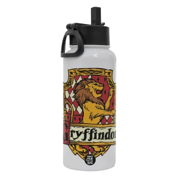 Gryffindor, Harry potter, Metal mug thermo White with Straw and Spout Lid (Stainless steel), double wall, 950ml