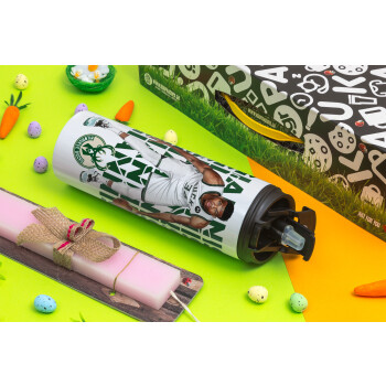 Giannis Antetokounmpo, Easter candle,Travel Tumbler 2 Lids, with metal straw & cleaning brush & aromatic flat candle (30cm) (PINK)