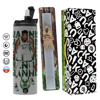 Giannis Antetokounmpo, Easter candle with Grey Tumbler Thermo 600ml & aromatic flat candle (30cm) (GREY)