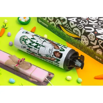 Giannis Antetokounmpo, Easter candle,Travel Tumbler 2 Lids, with metal straw & cleaning brush & aromatic flat candle (30cm) (PINK)