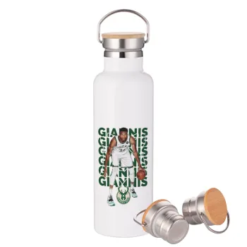 Giannis Antetokounmpo, Stainless steel White with wooden lid (bamboo), double wall, 750ml