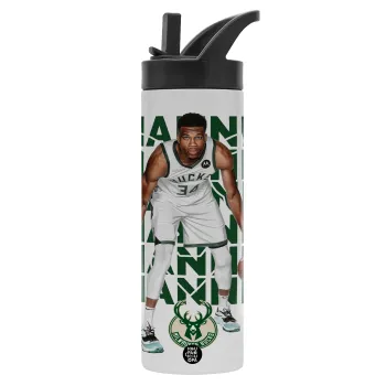 Giannis Antetokounmpo, Metallic thermos bottle with straw & handle, stainless steel (Stainless steel 304), double-walled, 600ml.