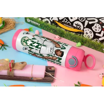Giannis Antetokounmpo, Easter candle, Childrens hot water bottle, stainless steel, with safety straw, PINK (500ml)
