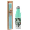Easter Set, Metallic green/white thermos (Stainless steel), double-walled, 500ml & scented flat Easter candle (30cm) (TURQUOISE)