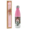Easter Set, Metallic pink/white (Stainless steel) thermos, double-walled, 500ml & aromatic flat Easter candle (30cm) (PINK)