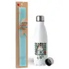 Easter Set, metallic stainless steel water bottle (750ml) & aromatic flat Easter candle (30cm) (TURQUOISE)