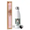 Easter Set, metallic stainless steel water bottle (750ml) & scented flat Easter candle (30cm) (PINK)