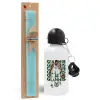 Easter Set, metallic aluminum water bottle (500ml) & scented flat candle (30cm) (TURQUOISE)