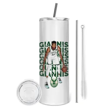Giannis Antetokounmpo, Tumbler stainless steel 600ml, with metal straw & cleaning brush