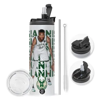 Giannis Antetokounmpo, Travel Tumbler 2 Lids, with metal straw & cleaning brush (Stainless steel 304 Food grade, BPA free, 600ml)