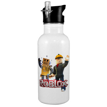 Roblox, White water bottle with straw, stainless steel 600ml