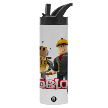 Roblox, Μεταλλικό παγούρι θερμός με καλαμάκι & χειρολαβή, ανοξείδωτο ατσάλι (Stainless steel 304), διπλού τοιχώματος, 600ml