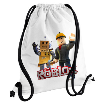 Roblox, Τσάντα πλάτης πουγκί GYMBAG λευκή, με τσέπη (40x48cm) & χονδρά κορδόνια