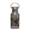 Stainless steel metallic thermos flask, silver with a bamboo lid, double-walled, 350ml.
