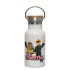 Metallic thermos (Stainless steel) White with wooden lid (bamboo), double-walled, 350ml