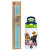 Easter Set, Children's thermal stainless steel bottle with safety straw, green/blue (350ml) & aromatic flat Easter candle (30cm) (TURQUOISE)