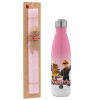 Easter Set, Metallic pink/white (Stainless steel) thermos, double-walled, 500ml & aromatic flat Easter candle (30cm) (PINK)
