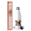Easter Set, metallic stainless steel water bottle (750ml) & scented flat Easter candle (30cm) (PINK)