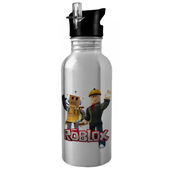 Roblox — Παγούρι νερού Ασημένιο με καλαμάκι, ανοξείδωτο ατσάλι 600ml