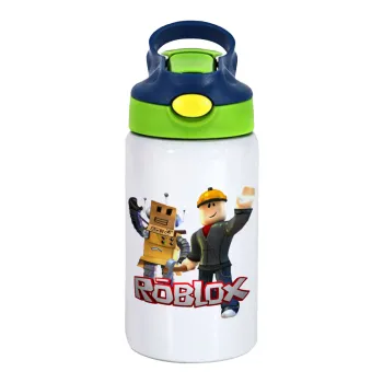 Roblox, Children's hot water bottle, stainless steel, with safety straw, green, blue (350ml)