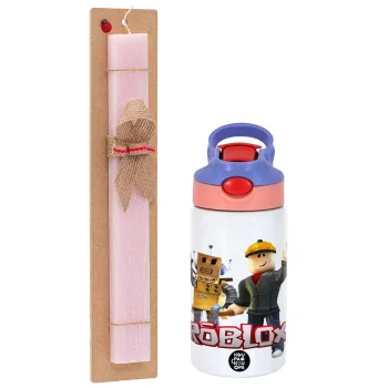 Roblox, Easter Set, Children's thermal stainless steel water bottle with safety straw, pink/purple (350ml) & Easter scented flat candle (30cm) (PINK)