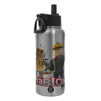 Roblox, Μεταλλικό παγούρι θερμός Silver με καλαμάκι και χερούλι (Stainless steel), διπλού τοιχώματος, 950ml
