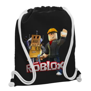 Roblox, Τσάντα πλάτης πουγκί GYMBAG Μαύρη, με τσέπη (40x48cm) & χονδρά λευκά κορδόνια