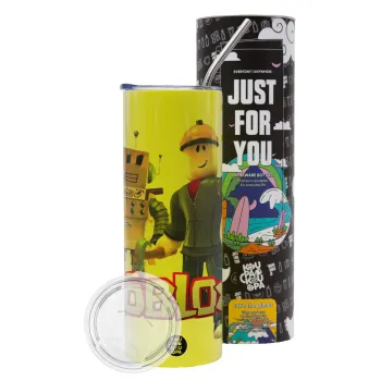 Roblox, Neon Yellow Travel Tumbler θερμό, μεταλλικό καλαμάκι(Ανωξείδωτο 304 Food grade, BPA free, 600ml)