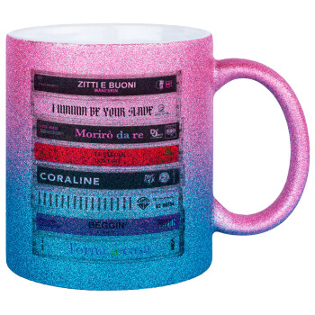 Maneskin Cassette, Κούπα Χρυσή/Μπλε Glitter, κεραμική, 330ml