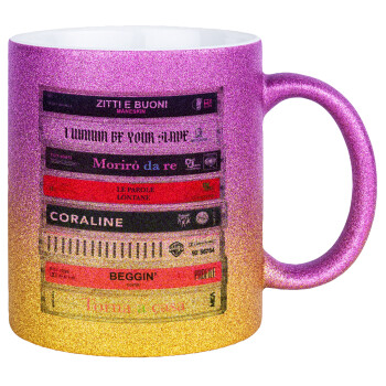 Maneskin Cassette, Κούπα Χρυσή/Ροζ Glitter, κεραμική, 330ml