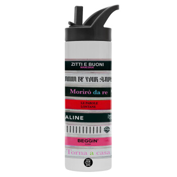 Maneskin Cassette, Metallic thermos bottle with straw & handle, stainless steel (Stainless steel 304), double-walled, 600ml.