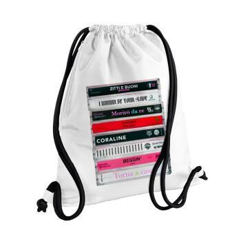 Maneskin Cassette, Τσάντα πλάτης πουγκί GYMBAG λευκή, με τσέπη (40x48cm) & χονδρά κορδόνια