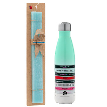 Maneskin Cassette, Easter Set, Metallic green/white thermos (Stainless steel), double-walled, 500ml & scented flat Easter candle (30cm) (TURQUOISE)
