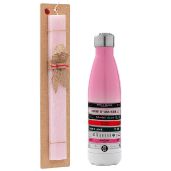 Maneskin Cassette, Easter Set, Metallic pink/white (Stainless steel) thermos, double-walled, 500ml & aromatic flat Easter candle (30cm) (PINK)