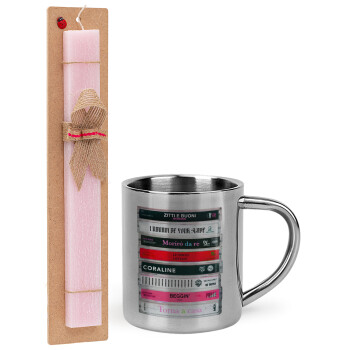 Maneskin Cassette, Easter Set, metallic thermal cup (300ml) & aromatic flat Easter candle (30cm) (PINK)