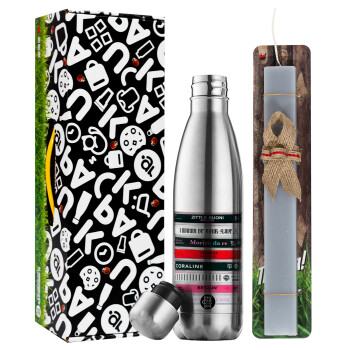 Maneskin Cassette, Easter Set, metallic stainless thermos flask (500ml) & scented flat Easter candle (30cm) (GRAY)
