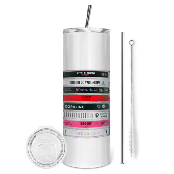 Maneskin Cassette, Eco friendly stainless steel tumbler 600ml, with metal straw & cleaning brush