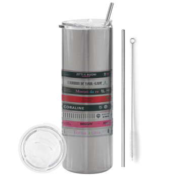 Maneskin Cassette, Tumbler stainless steel Silver 600ml, with metal straw & cleaning brush