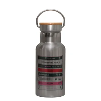 Maneskin Cassette, Μεταλλικό παγούρι θερμός (Stainless steel) Ασημένιο με ξύλινο καπακι (bamboo), διπλού τοιχώματος, 350ml