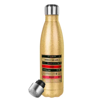 Maneskin Cassette, Glitter gold stainless steel thermos bottle, double-walled, 500ml