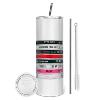 Maneskin Cassette, Tumbler ποτήρι θερμό από ανοξείδωτο ατσάλι 600ml, με μεταλλικό καλαμάκι & βούρτσα καθαρισμού