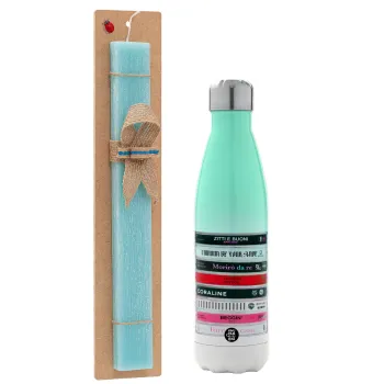 Maneskin Cassette, Easter Set, Metallic green/white thermos (Stainless steel), double-walled, 500ml & scented flat Easter candle (30cm) (TURQUOISE)