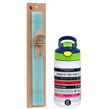 Maneskin Cassette, Easter Set, Children's thermal stainless steel bottle with safety straw, green/blue (350ml) & aromatic flat Easter candle (30cm) (TURQUOISE)