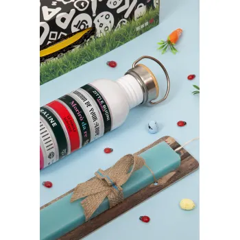 Maneskin Cassette, Πασχαλινή Λαμπάδα με παγούρι μεταλλικό (620ml, stainless steel) & κερί αρωματικό πλακέ (30cm) (ΤΙΡΚΟΥΑΖ)