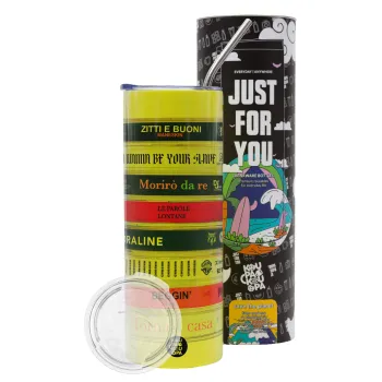 Maneskin Cassette, Neon Yellow Travel Tumbler θερμό, μεταλλικό καλαμάκι(Ανωξείδωτο 304 Food grade, BPA free, 600ml)