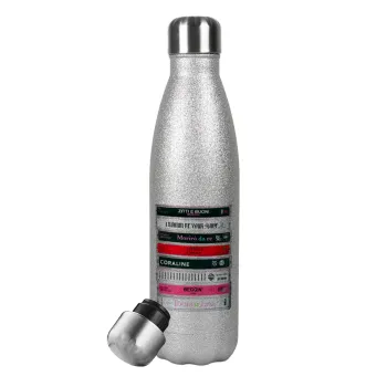 Maneskin Cassette, Μεταλλικό παγούρι θερμός Glitter Aσημένιο (Stainless steel), διπλού τοιχώματος, 500ml