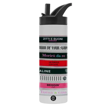 Maneskin Cassette, Μεταλλικό παγούρι θερμός με καλαμάκι & χειρολαβή, ανοξείδωτο ατσάλι (Stainless steel 304), διπλού τοιχώματος, 600ml