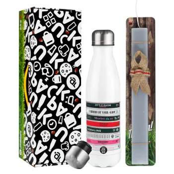Maneskin Cassette, Easter candle, metallic white thermos bottle (500ml) & aromatic flat candle (30cm) (GRAY)